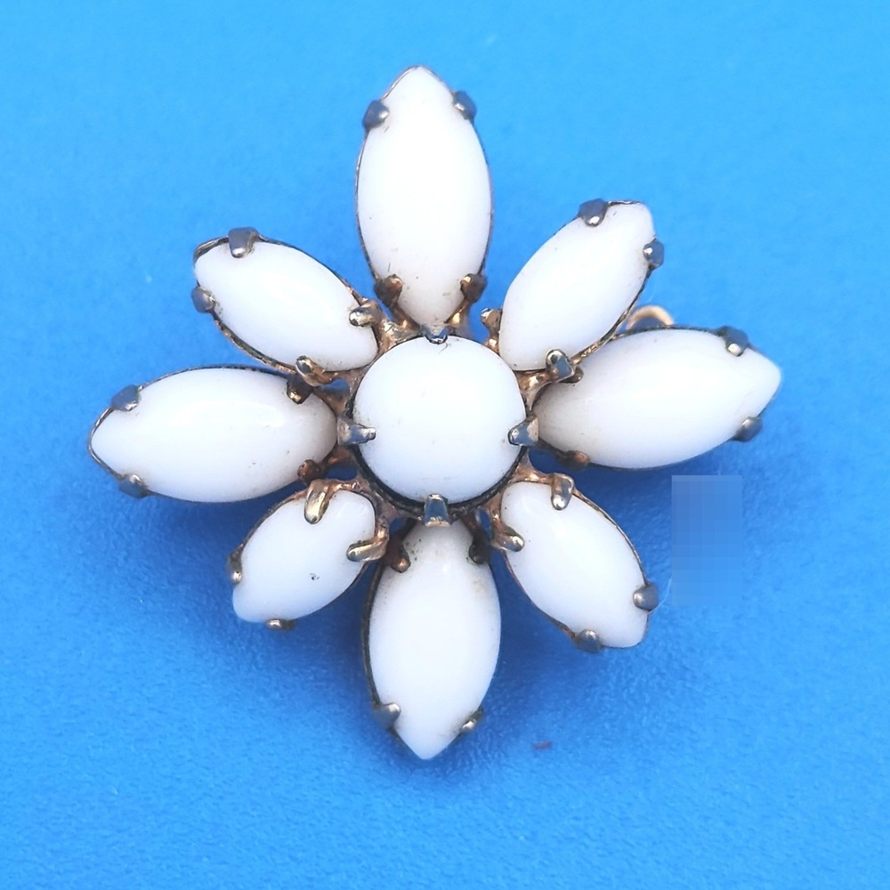 Vintage Milk Glass Flower Brooch Gold Tone Marquise Cabochon Floral Pin